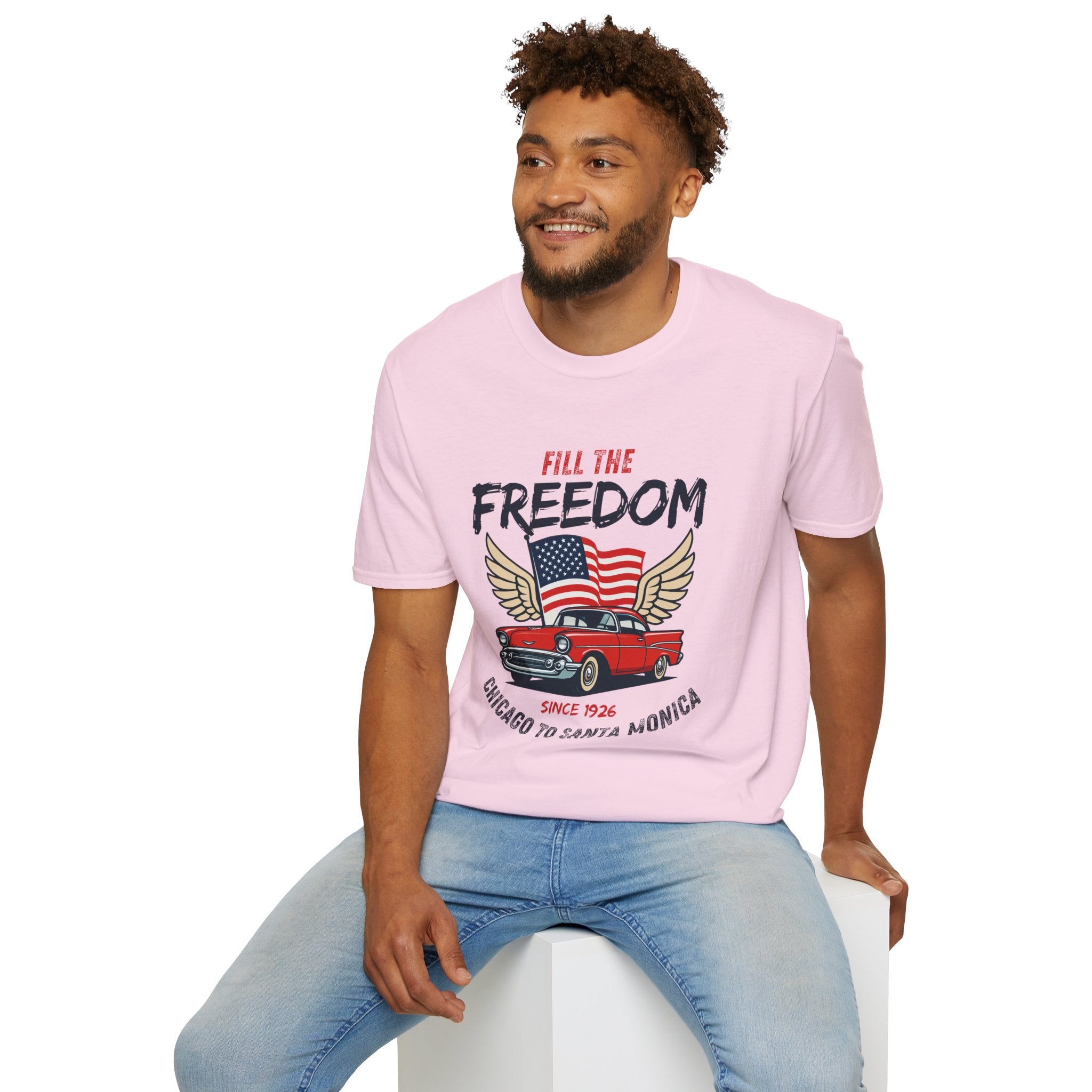 Fill the Freedom Vintage Car T-Shirt | American Flag Wings Chicago to Santa Monica Route 66