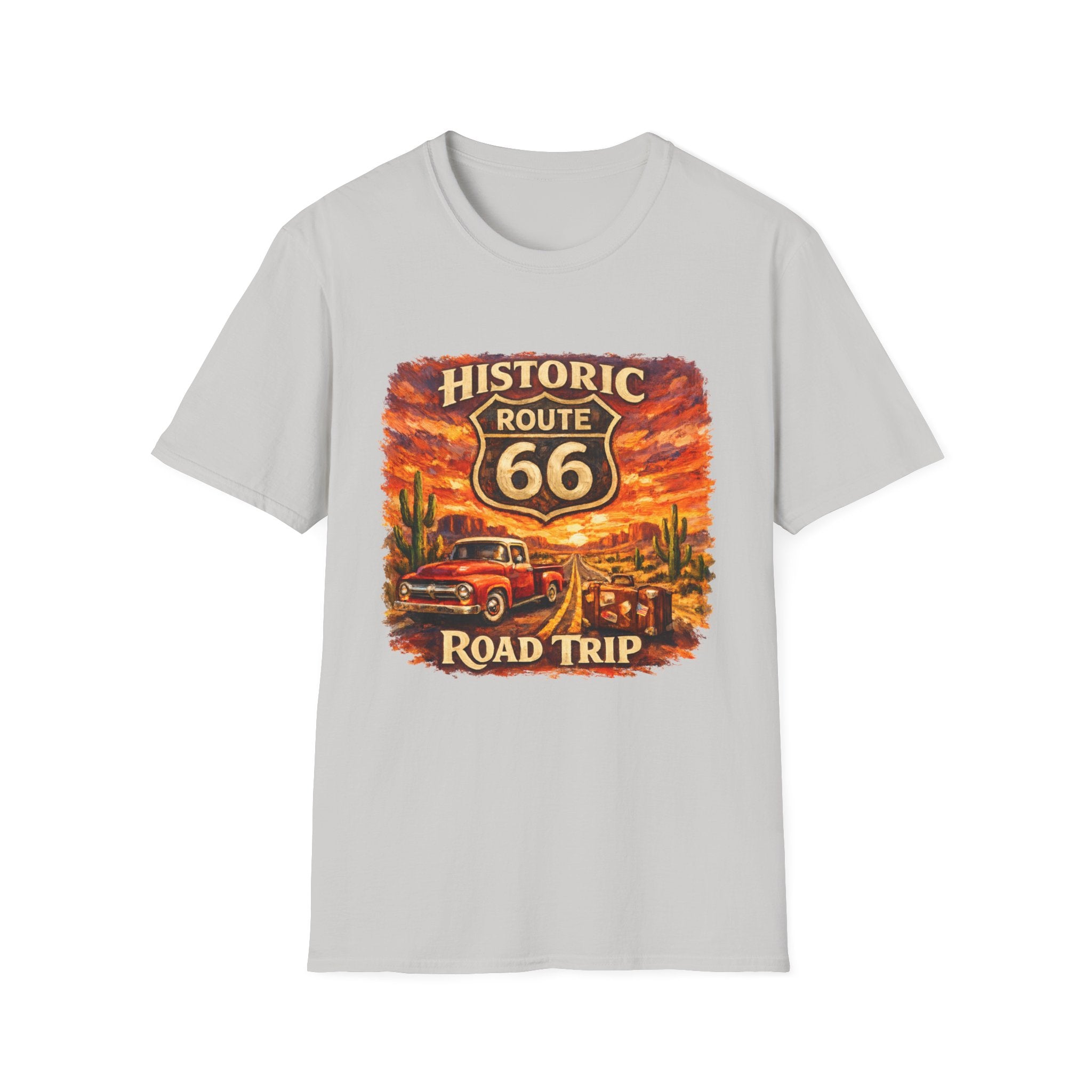 Historic Route 66 Road Trip T-Shirt | Vintage Car Desert Sunset