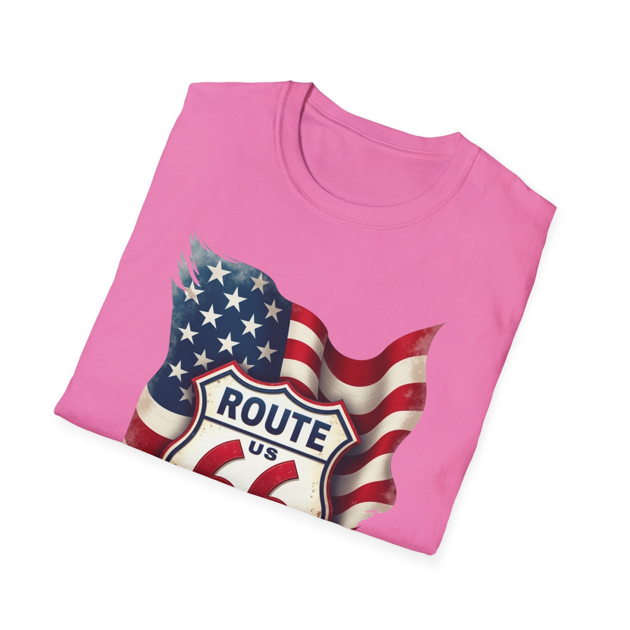 Route 66 Shield with American Flag T-Shirt | Vintage Road Trip Tee