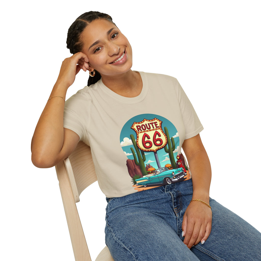 Route 66 Classic Car T-Shirt | Retro Desert Road Sign, Vintage Convertible