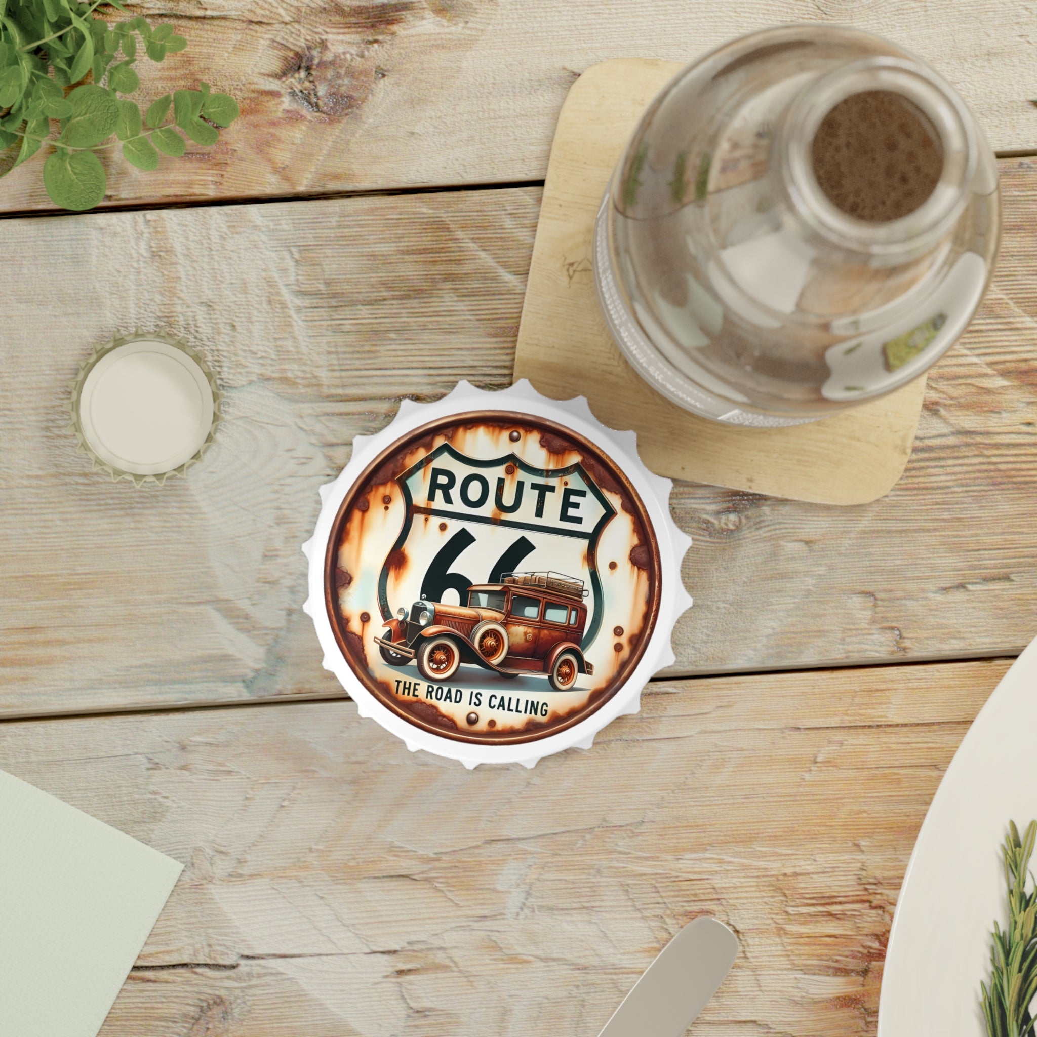 Route 66 Bottle Opener — 'The Road Is Calling' Vintage Car Design