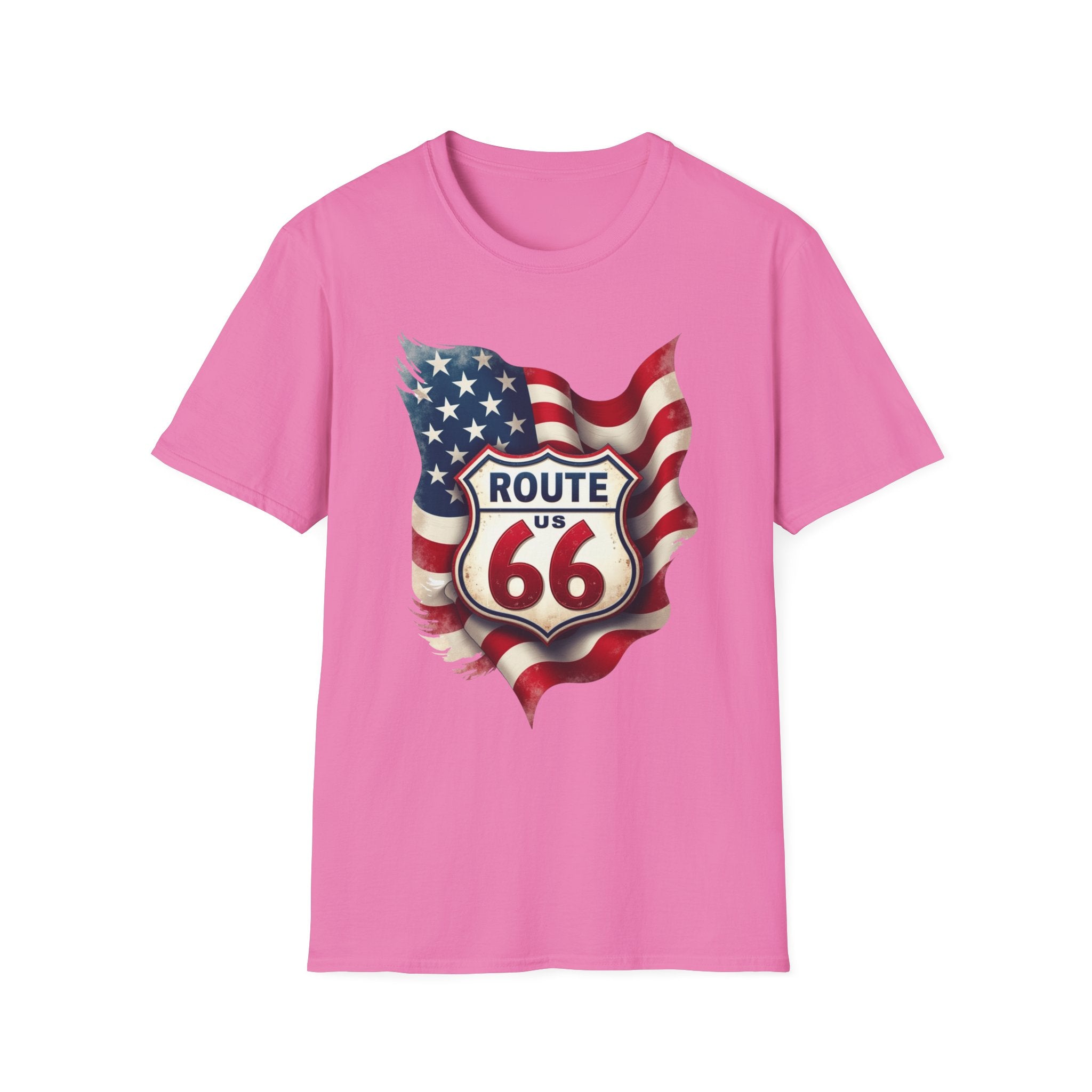 Route 66 Shield with American Flag T-Shirt | Vintage Road Trip Tee