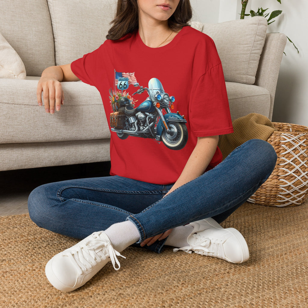 Route 66 Motorcycle Illustration T-Shirt | American Flag, Sunflowers