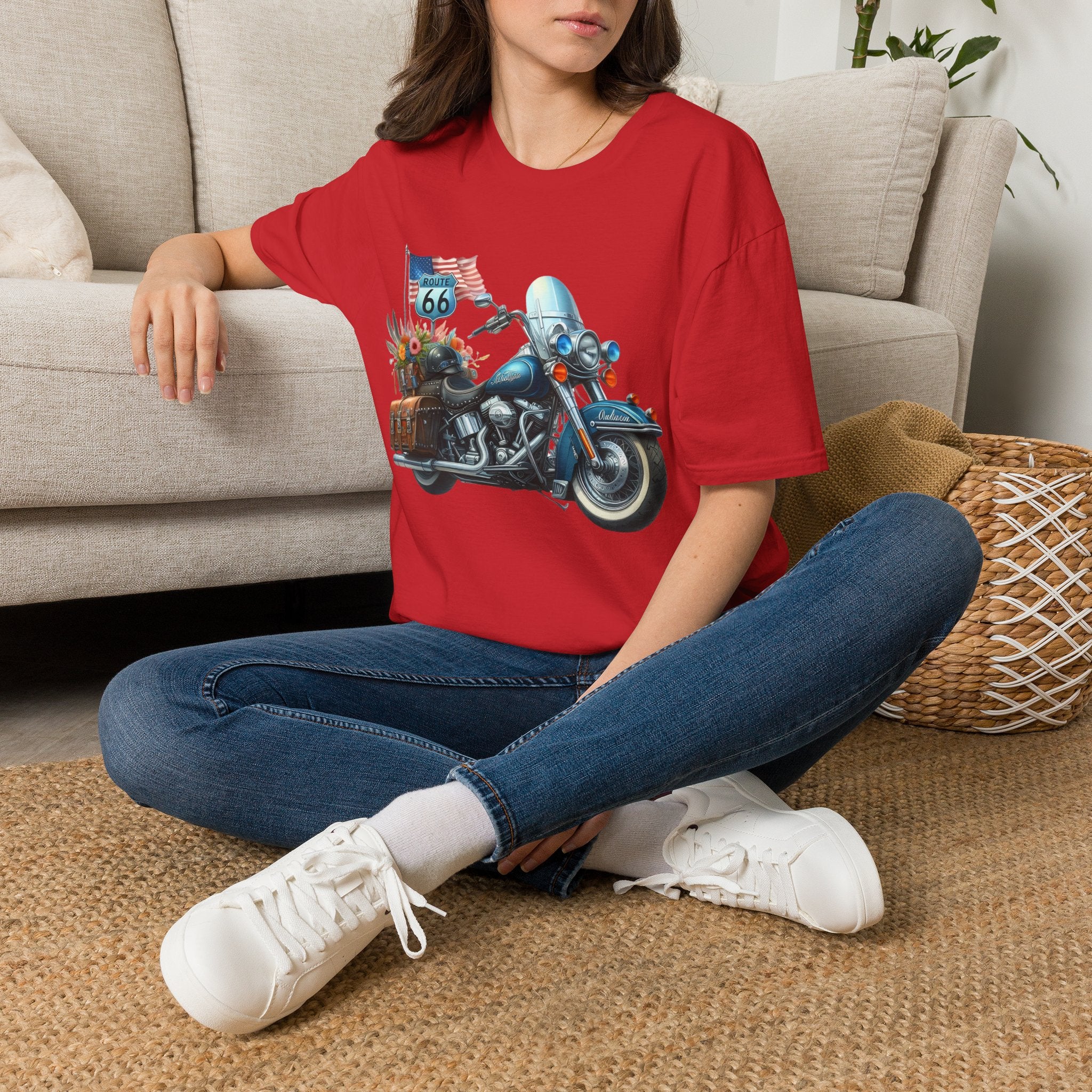 Route 66 Motorcycle Illustration T-Shirt | American Flag, Sunflowers