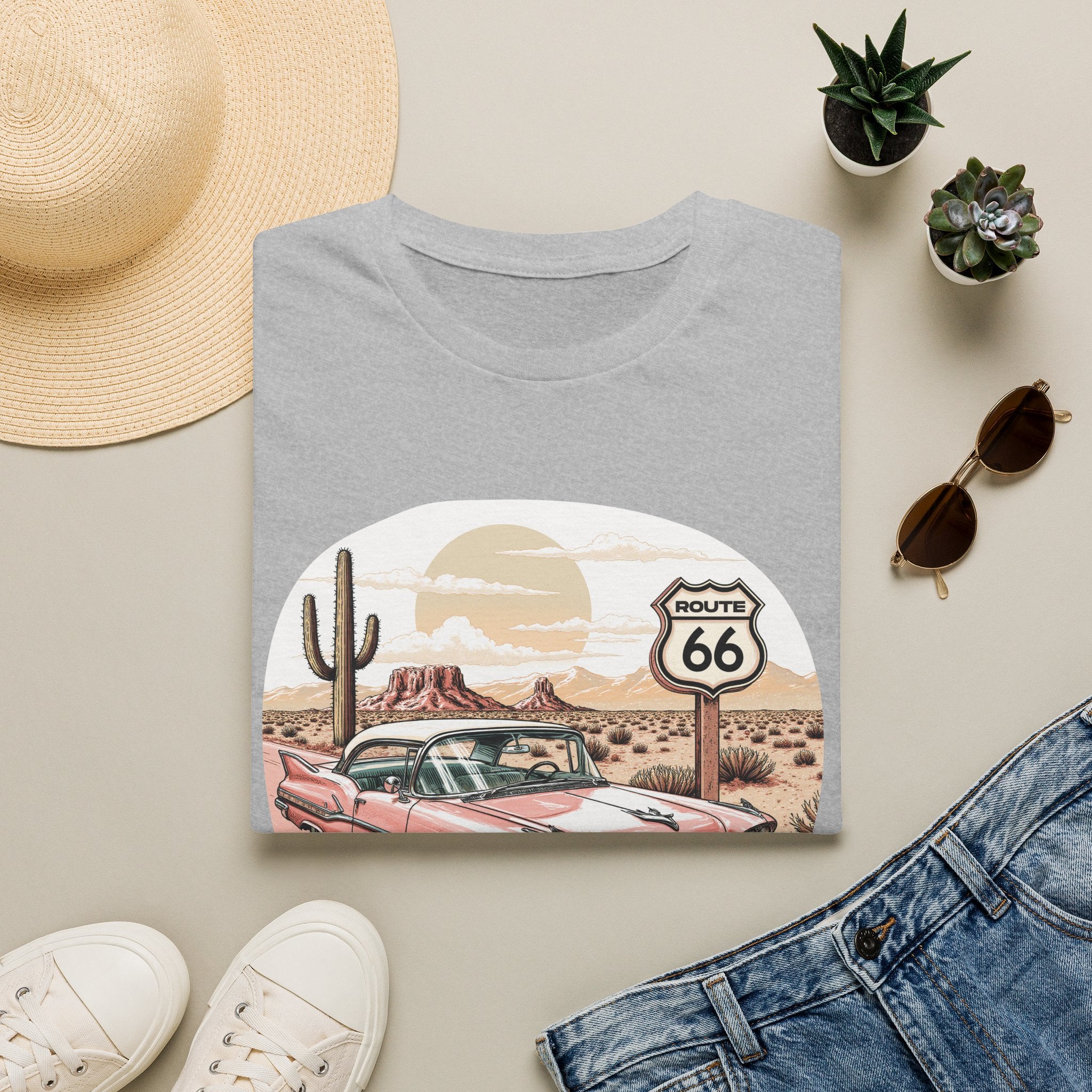Retro Pink Classic Car Route 66 T-Shirt | Desert Cactus Vintage Roadtrip
