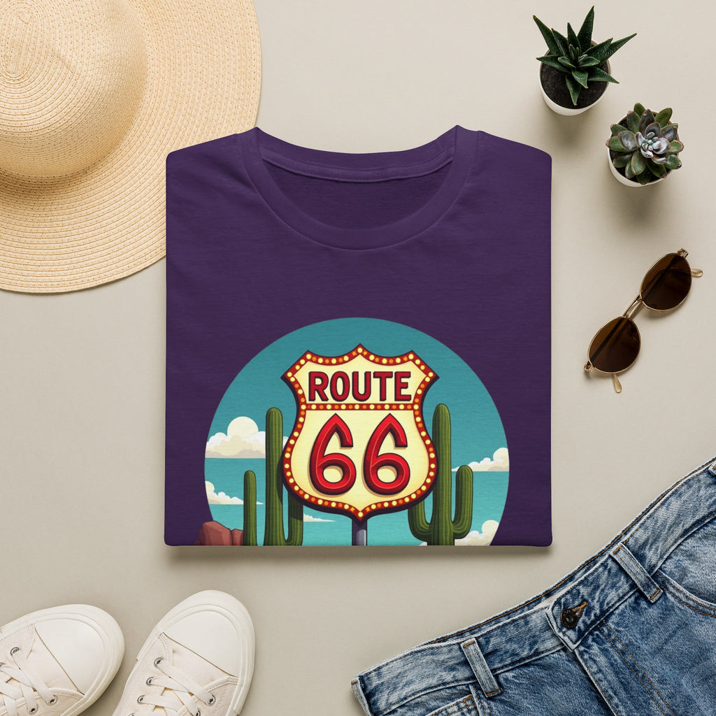Route 66 Classic Car T-Shirt | Retro Desert Road Sign, Vintage Convertible