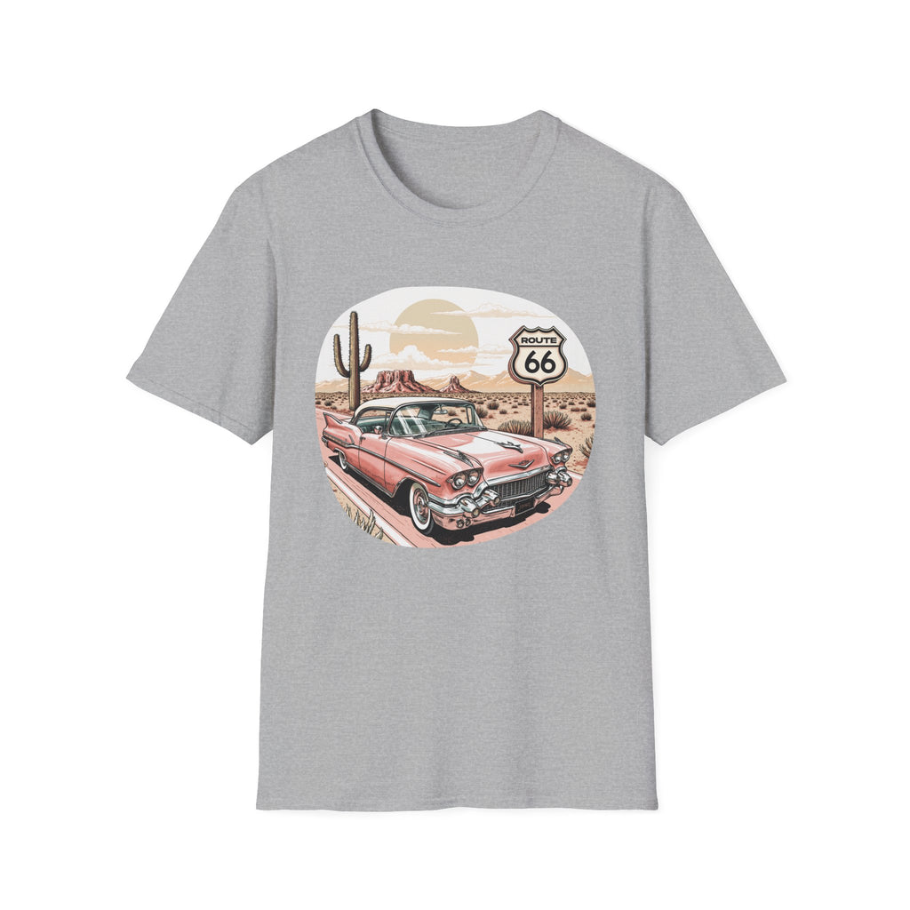 Retro Pink Classic Car Route 66 T-Shirt | Desert Cactus Vintage Roadtrip