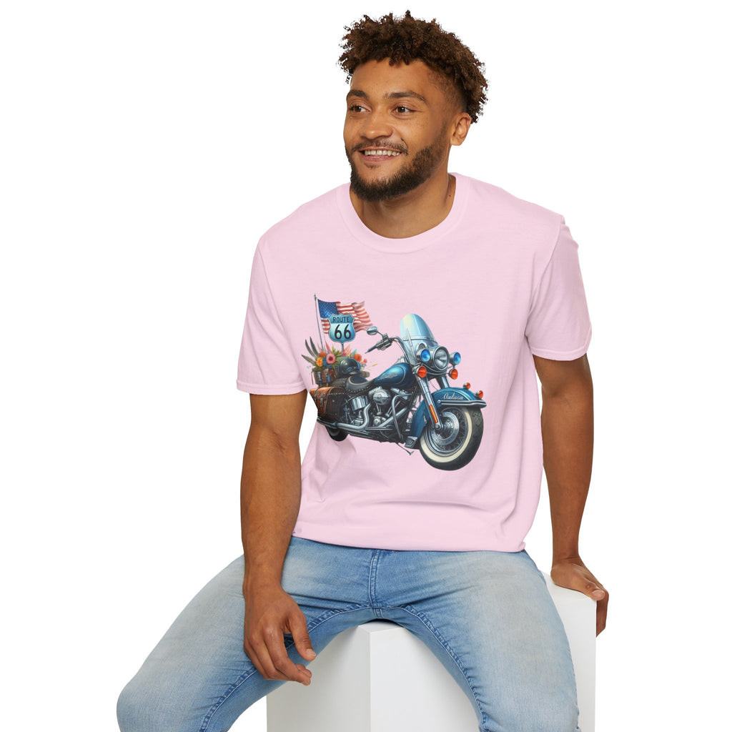 Route 66 Motorcycle Illustration T-Shirt | American Flag, Sunflowers