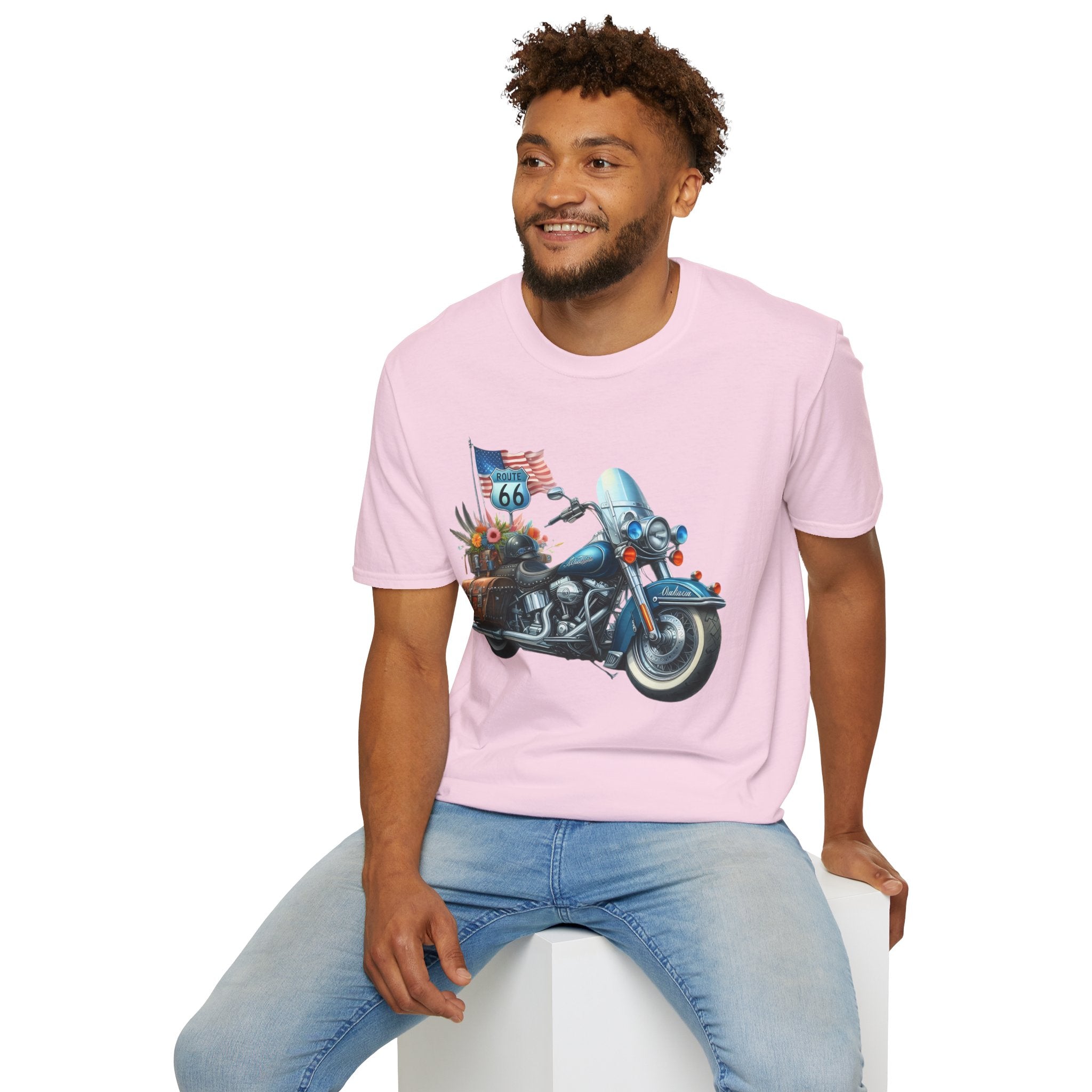 Route 66 Motorcycle Illustration T-Shirt | American Flag, Sunflowers