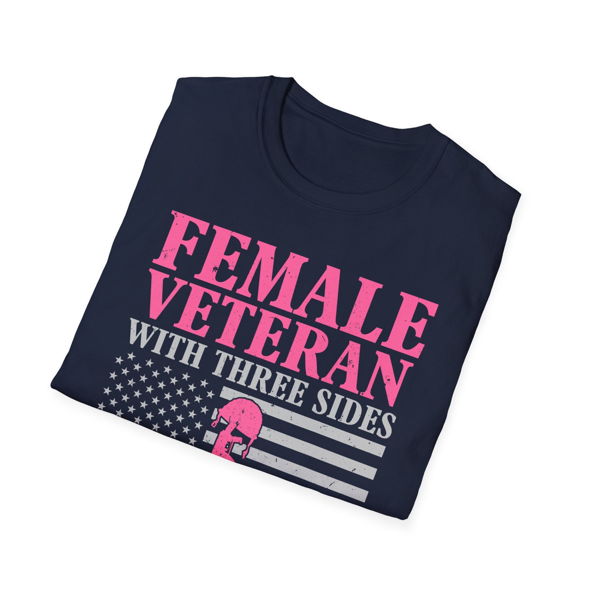 Female Veteran with Three Sides T-Shirt | American Flag, Pink Helmet, Military Pride