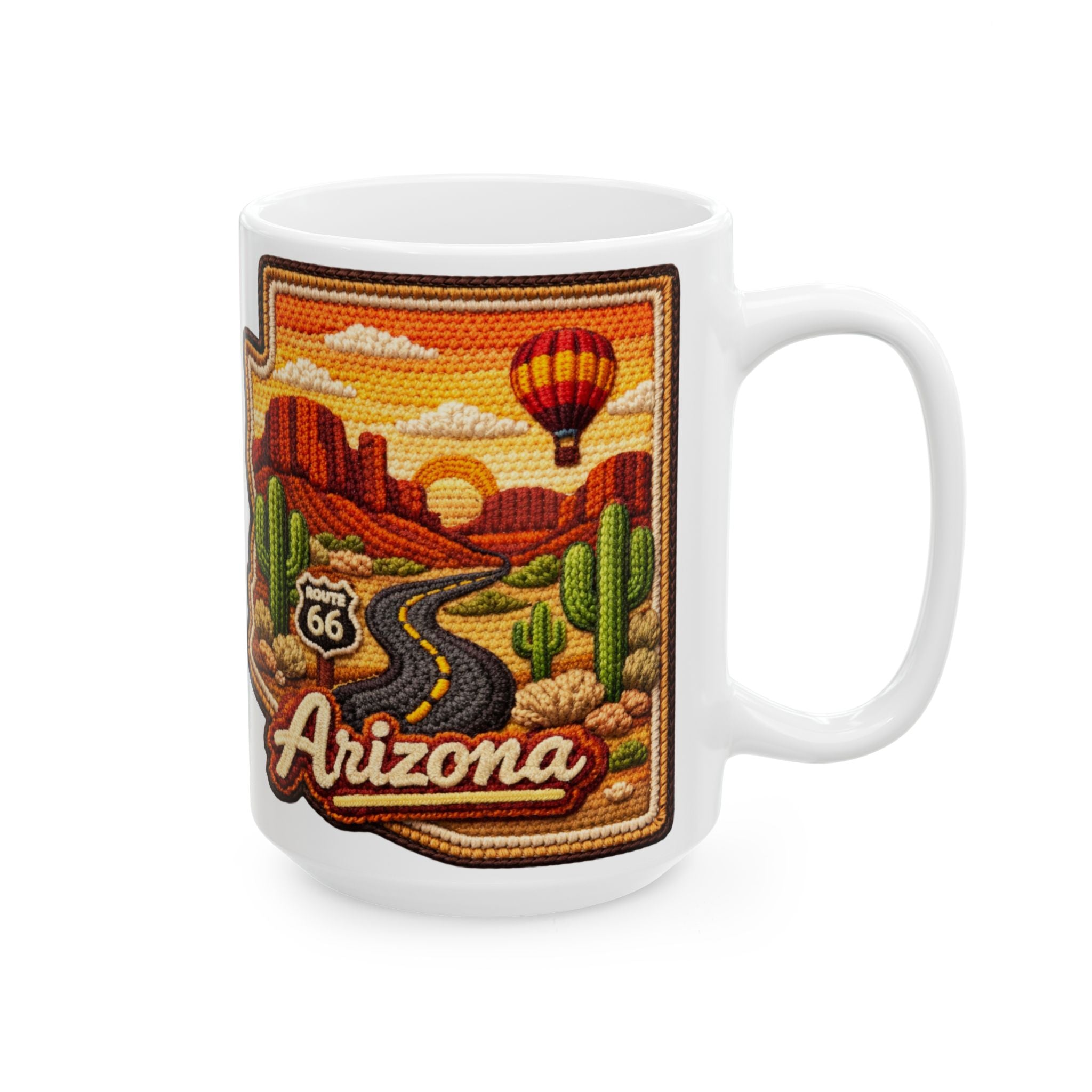 Arizona Desert Patch Mug | Hot Air Balloon, Cactus, Sunset Scene