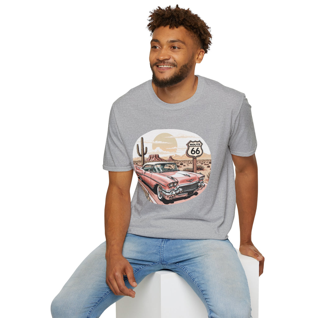 Retro Pink Classic Car Route 66 T-Shirt | Desert Cactus Vintage Roadtrip