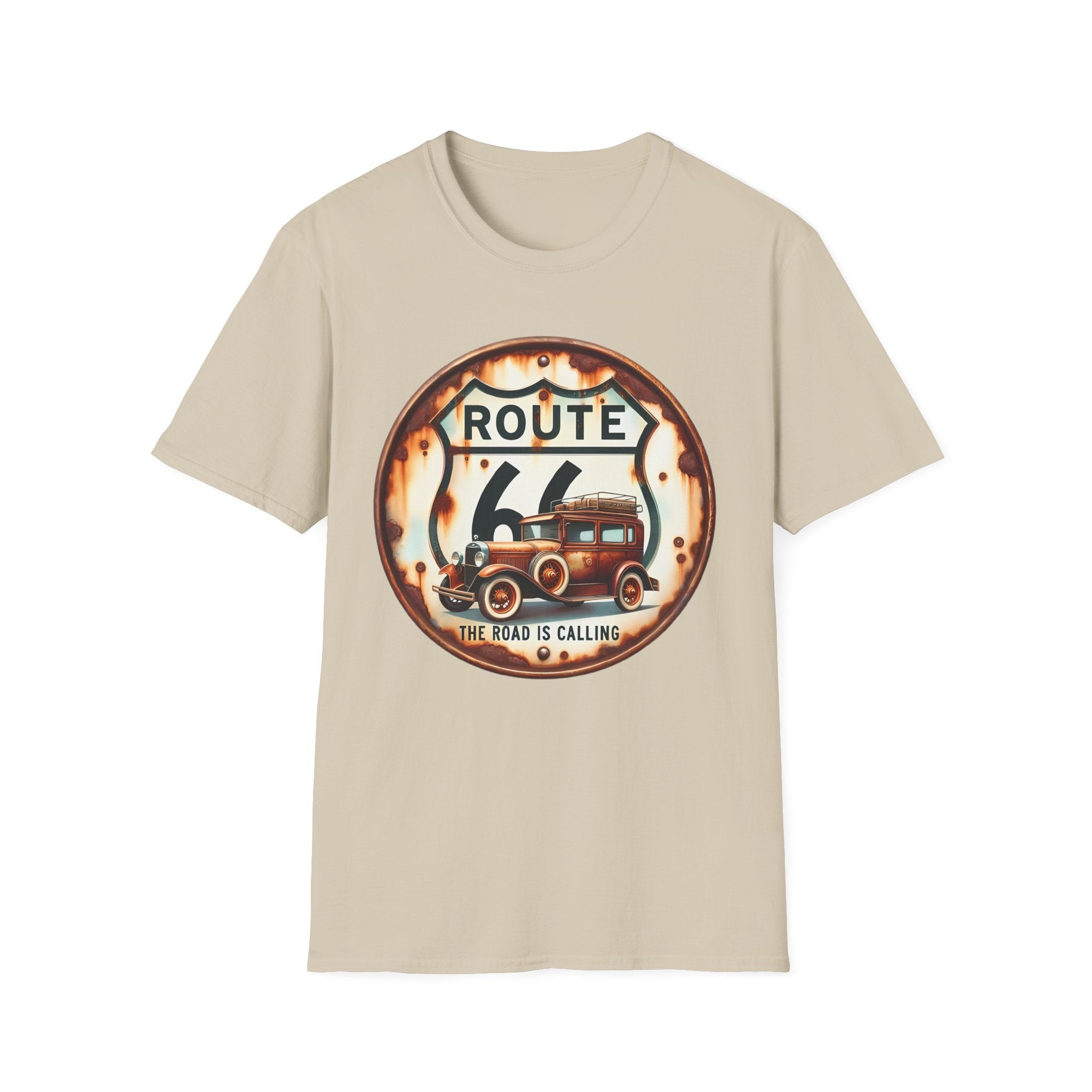 Route 66 Vintage Woodie Car T-Shirt | Road Trip Retro Sign, 'The Road Is Calling'