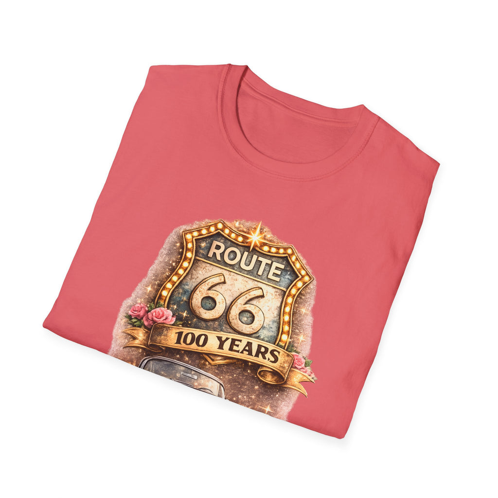 Route 66 100 Years Pink Classic Car T-Shirt | Vintage Road Trip Tee