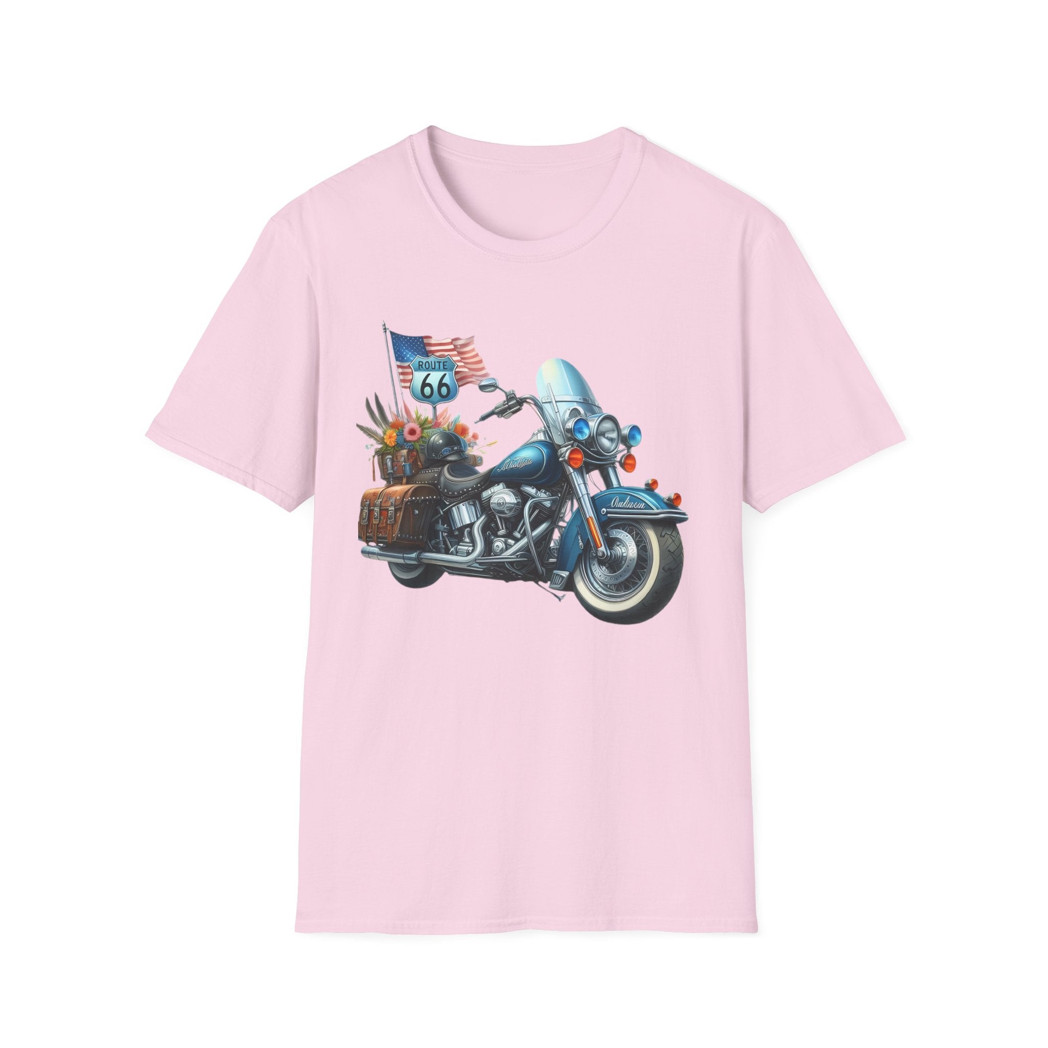Route 66 Motorcycle Illustration T-Shirt | American Flag, Sunflowers