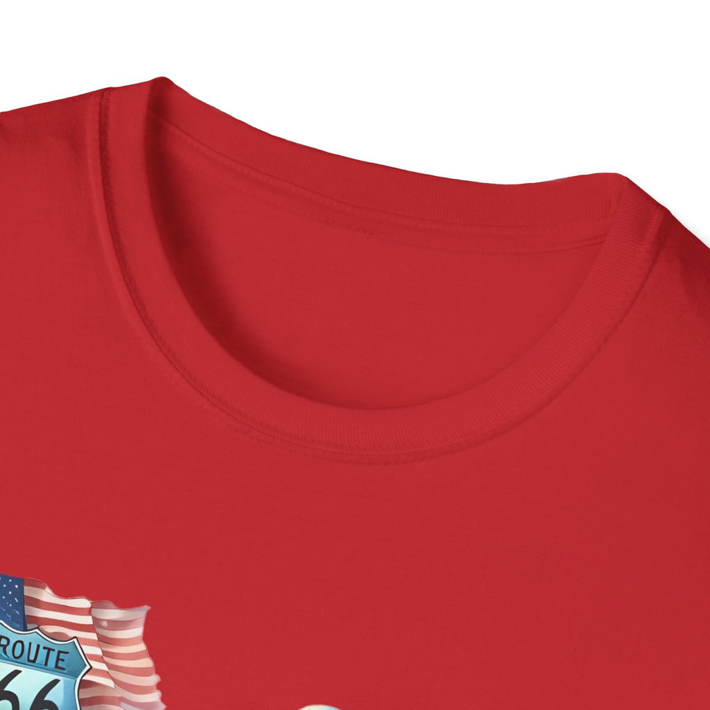 Route 66 Motorcycle Illustration T-Shirt | American Flag, Sunflowers
