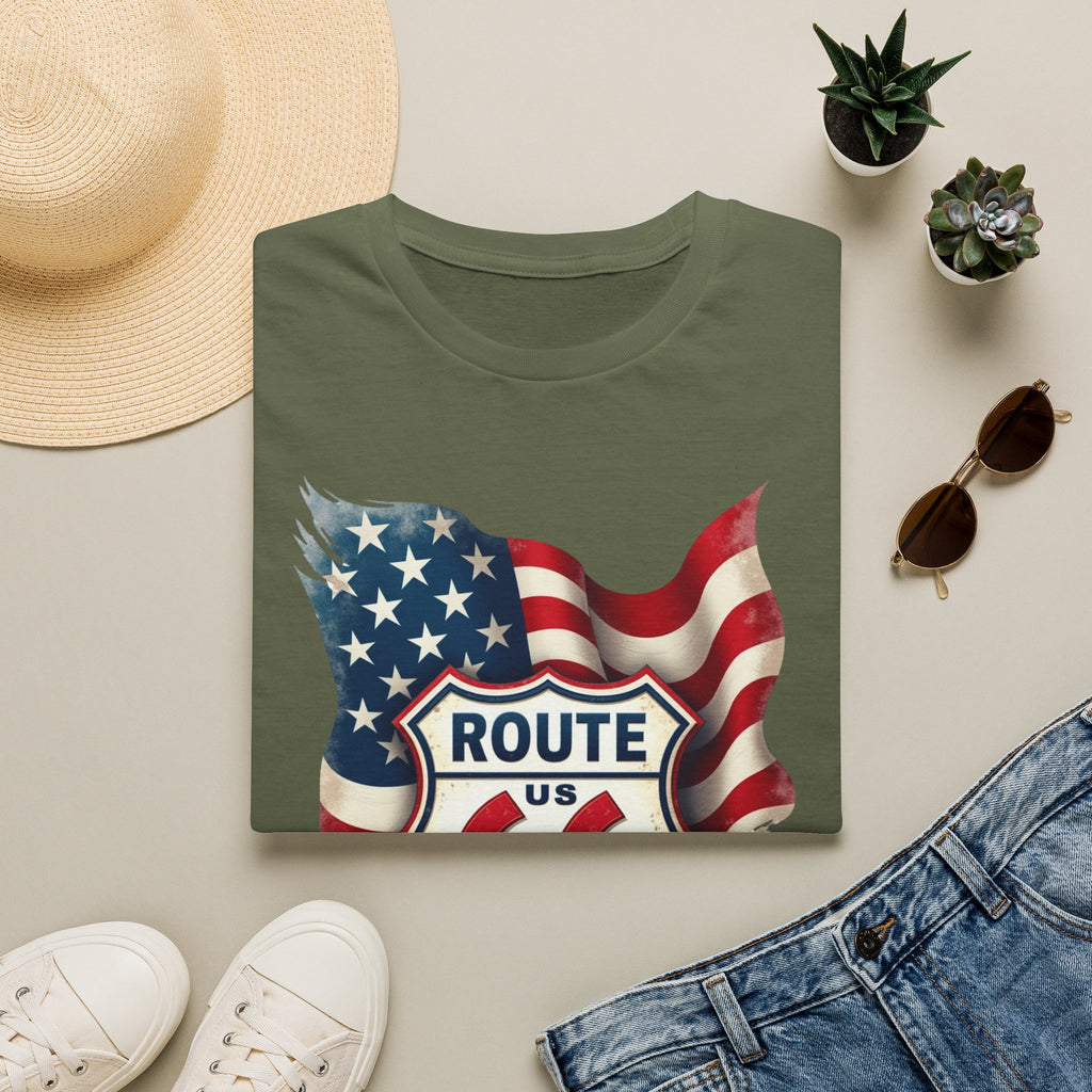 Route 66 Shield with American Flag T-Shirt | Vintage Road Trip Tee