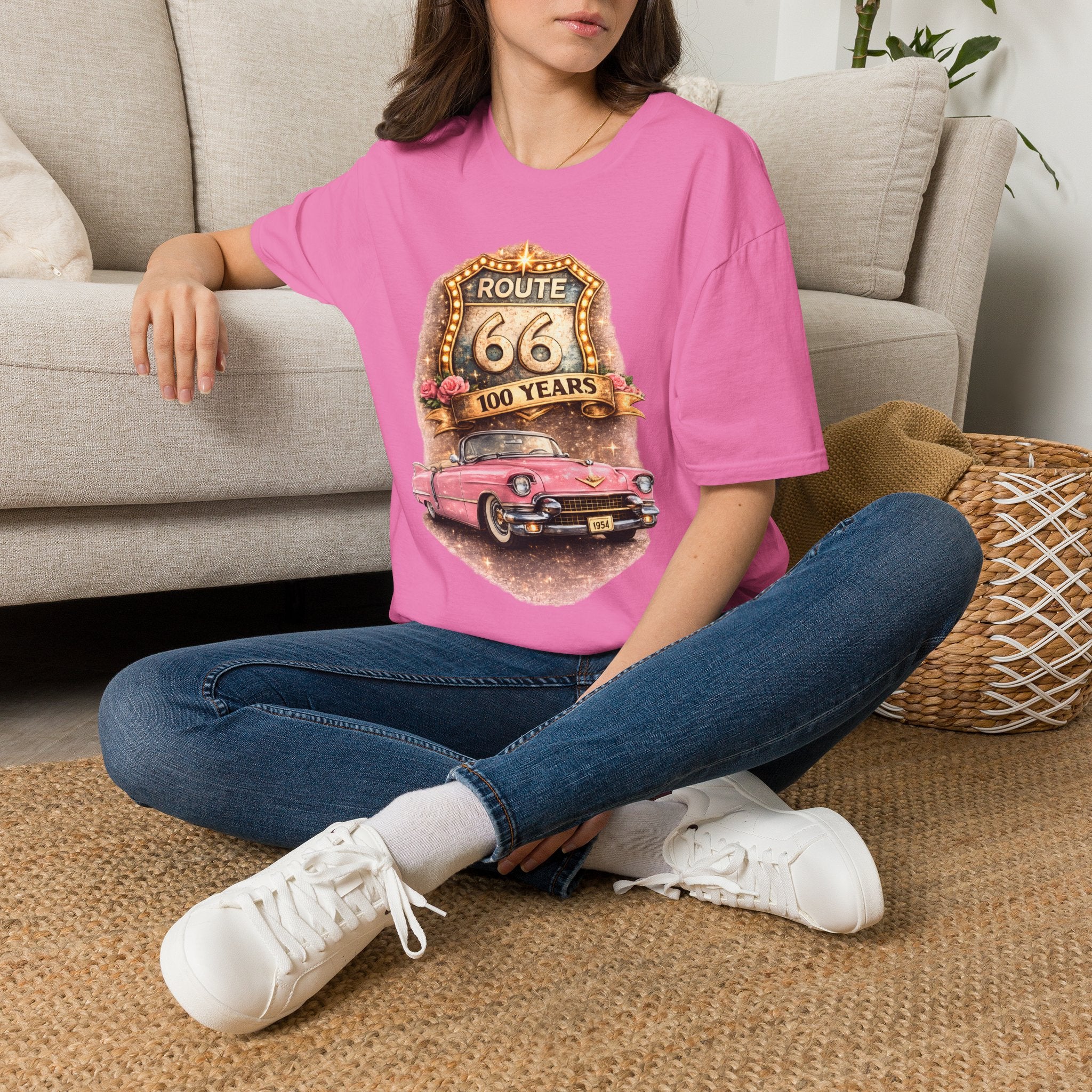 Route 66 100 Years Pink Classic Car T-Shirt | Vintage Road Trip Tee