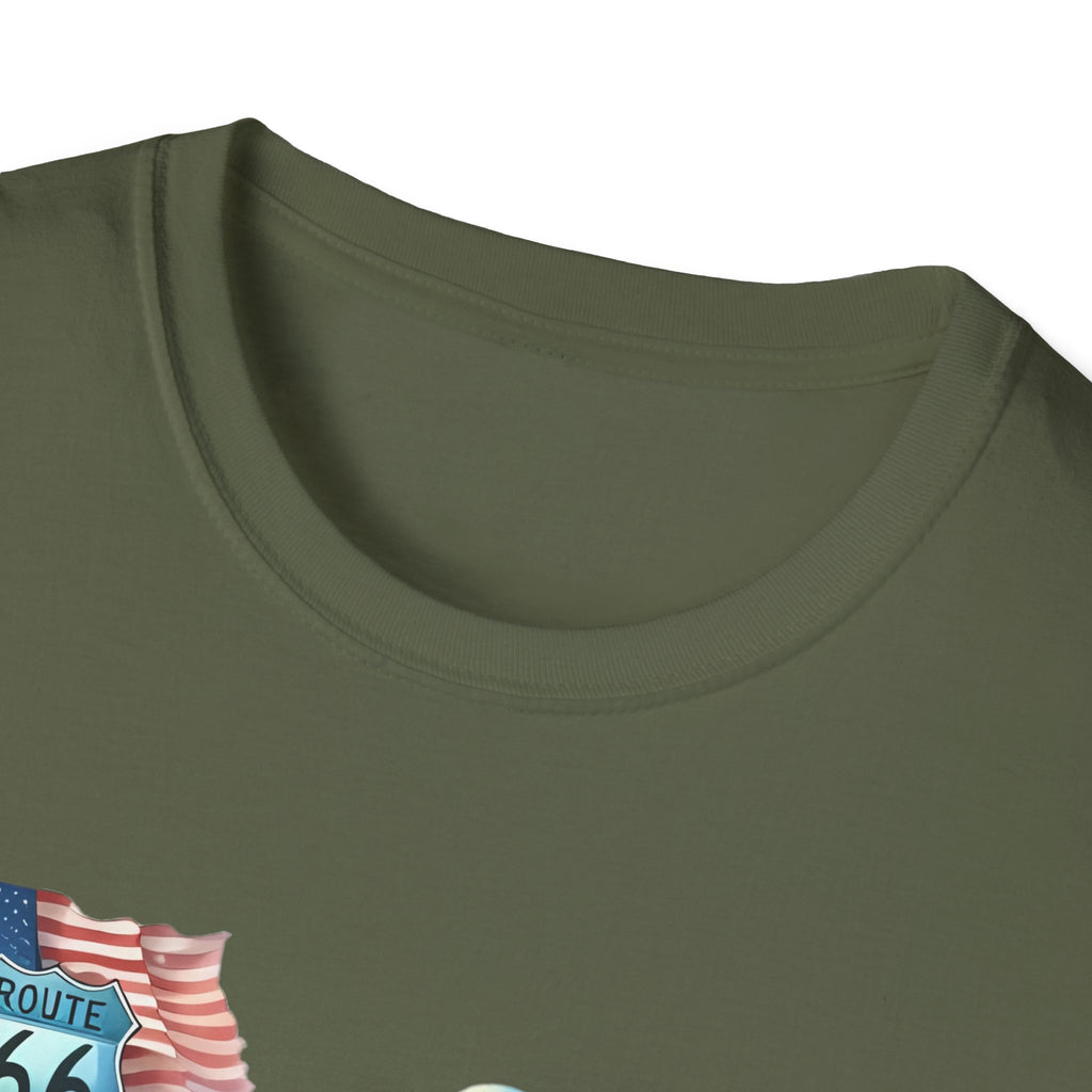 Route 66 Motorcycle Illustration T-Shirt | American Flag, Sunflowers
