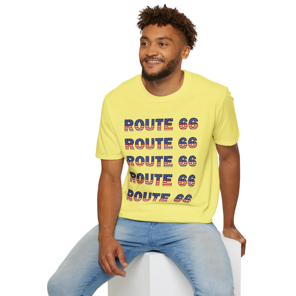 Route 66 Retro Text T-Shirt | American Flag Roadtrip Graphic