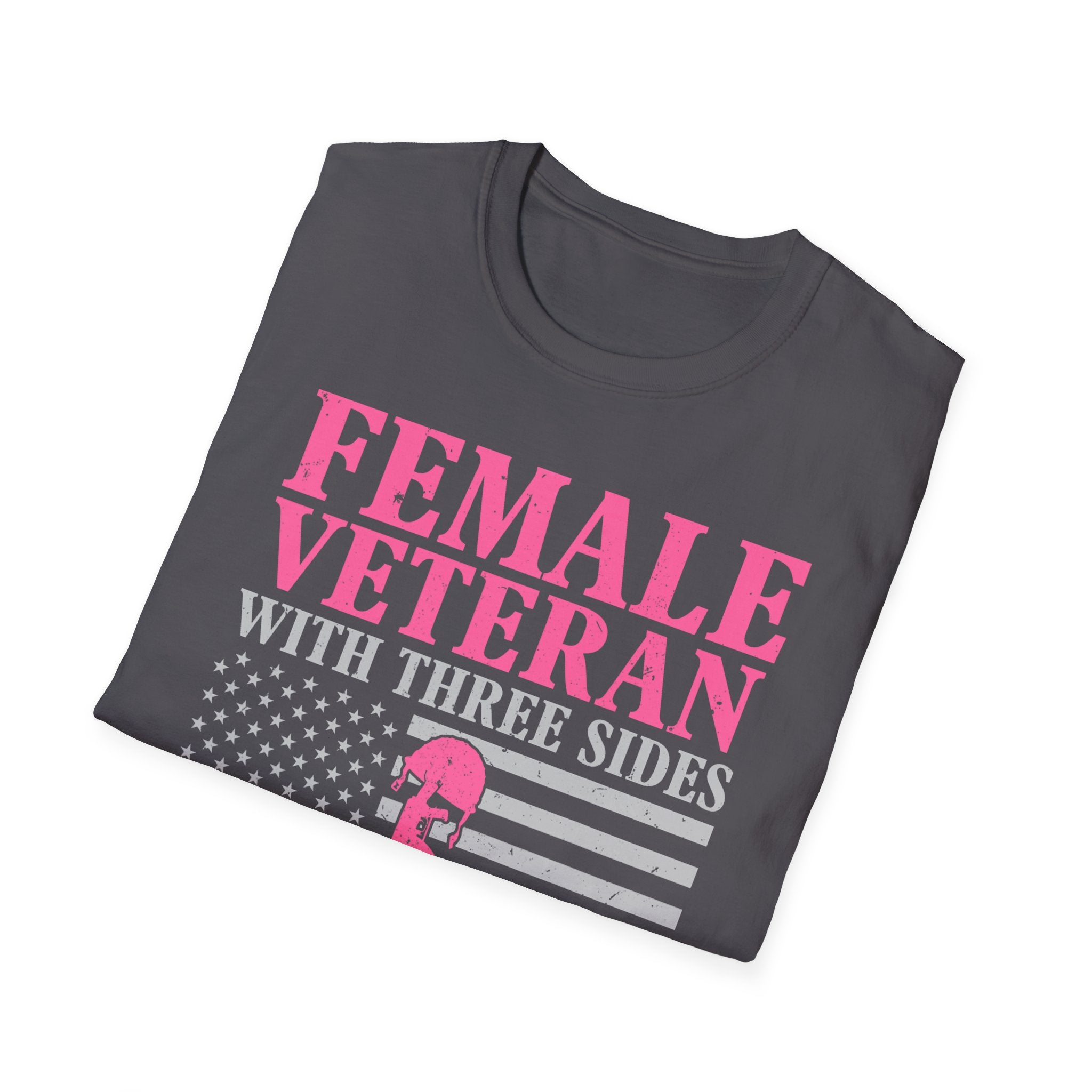 Female Veteran with Three Sides T-Shirt | American Flag, Pink Helmet, Military Pride