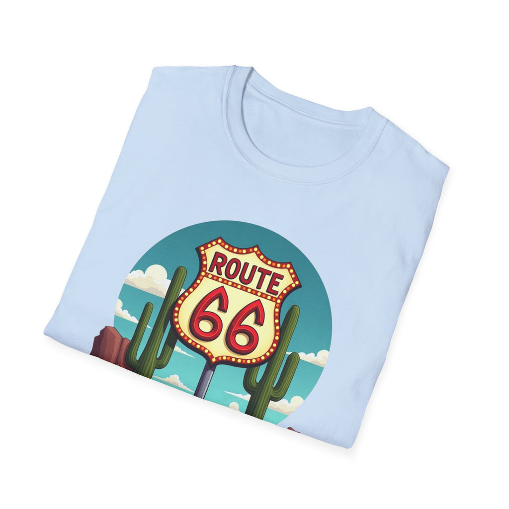 Route 66 Classic Car T-Shirt | Retro Desert Road Sign, Vintage Convertible