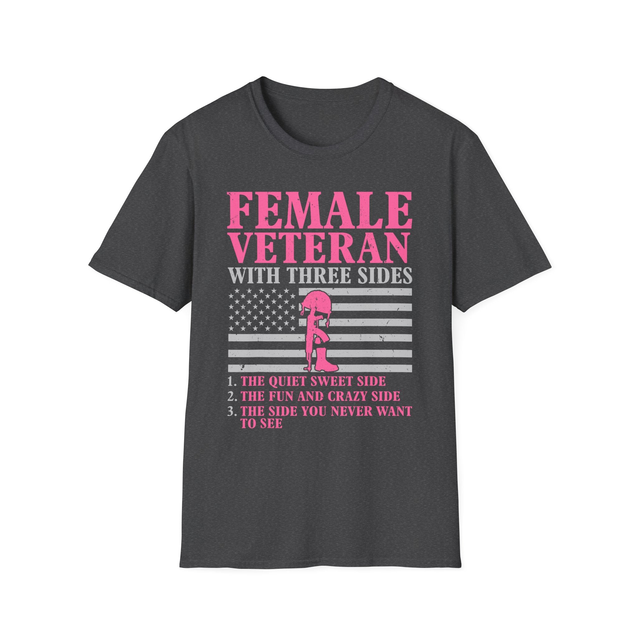 Female Veteran with Three Sides T-Shirt | American Flag, Pink Helmet, Military Pride
