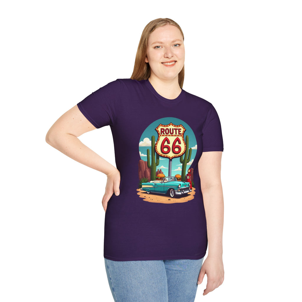 Route 66 Classic Car T-Shirt | Retro Desert Road Sign, Vintage Convertible