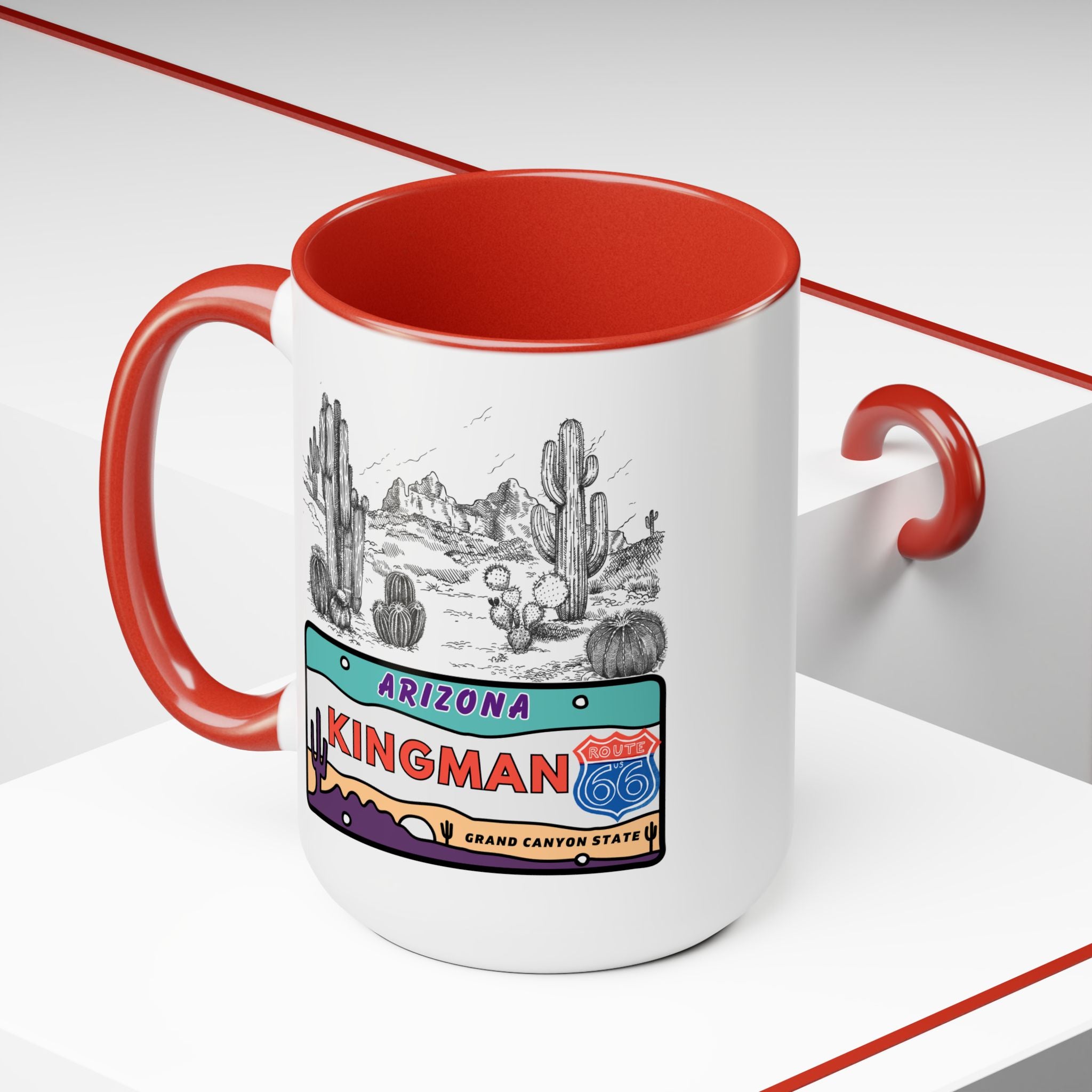 Kingman Arizona Route 66 Two-Tone Coffee Mugs, 15oz