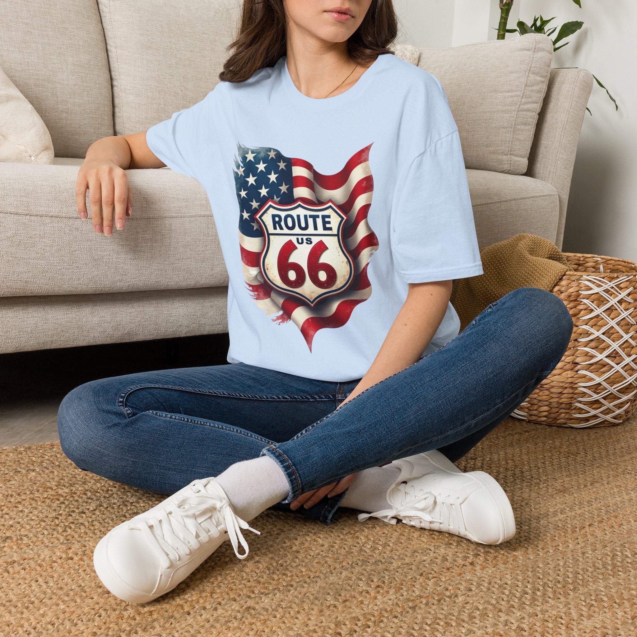Route 66 Shield with American Flag T-Shirt | Vintage Road Trip Tee
