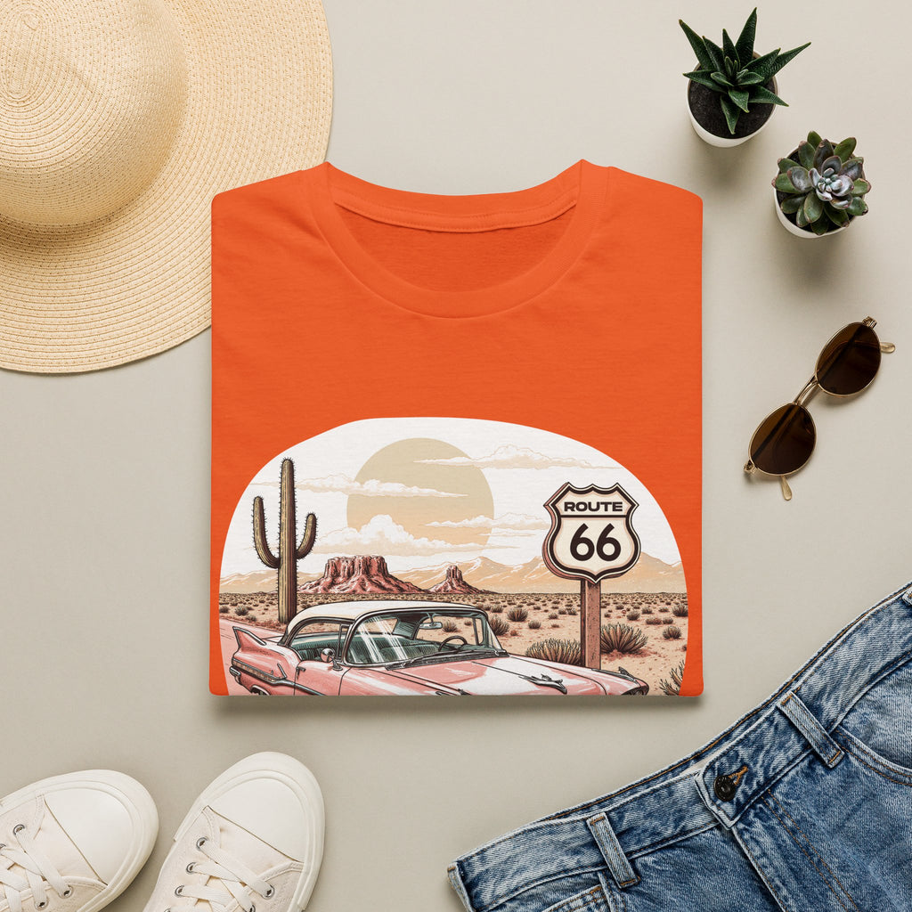 Retro Pink Classic Car Route 66 T-Shirt | Desert Cactus Vintage Roadtrip