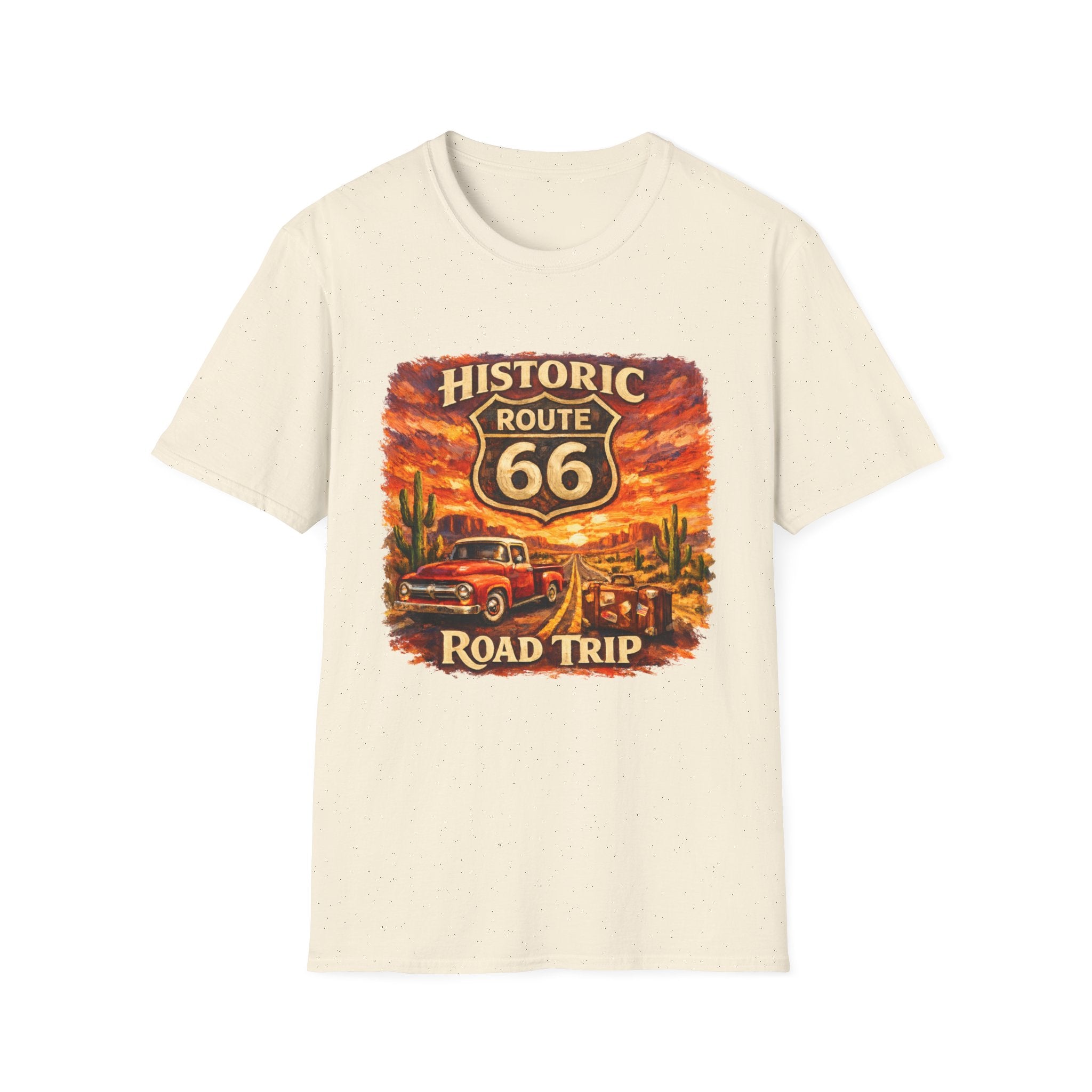 Historic Route 66 Road Trip T-Shirt | Vintage Car Desert Sunset
