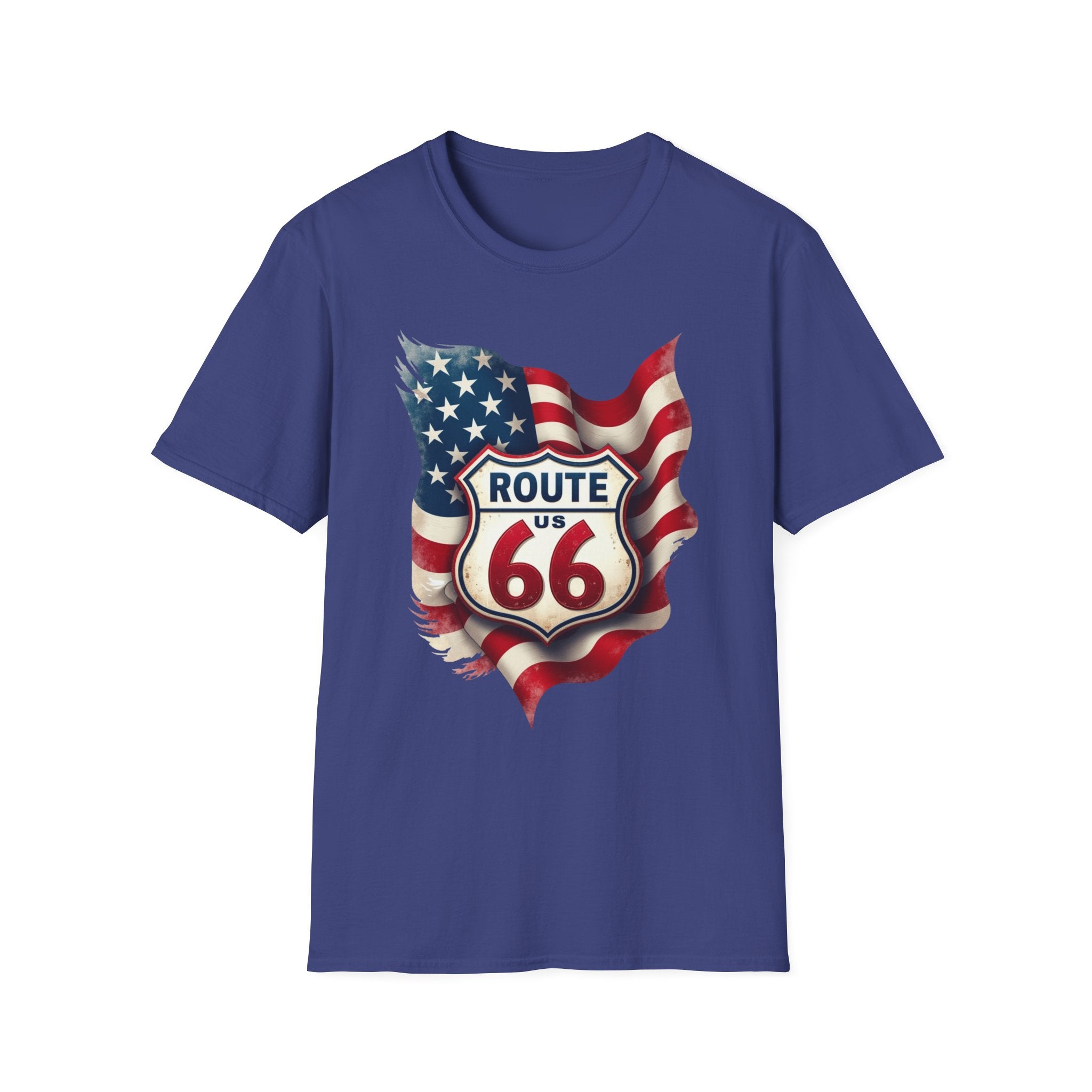 Route 66 Shield with American Flag T-Shirt | Vintage Road Trip Tee