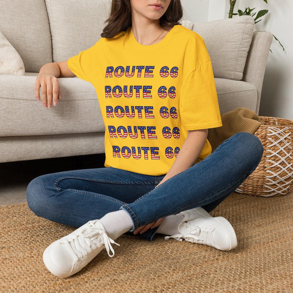 Route 66 Retro Text T-Shirt | American Flag Roadtrip Graphic