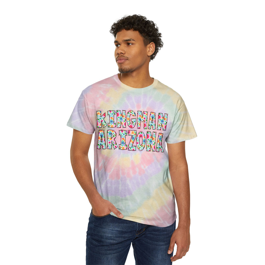 Colorful Tie-Dye Tee with 'Kingman Arizona' Design, Summer Vibe, Perfect for Festivals, Gifts, Beach Days, Casual Wear