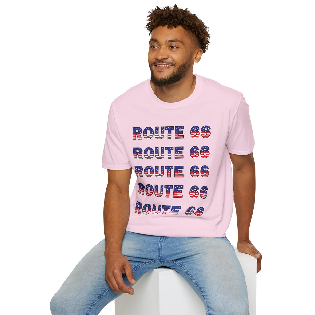 Route 66 Retro Text T-Shirt | American Flag Roadtrip Graphic
