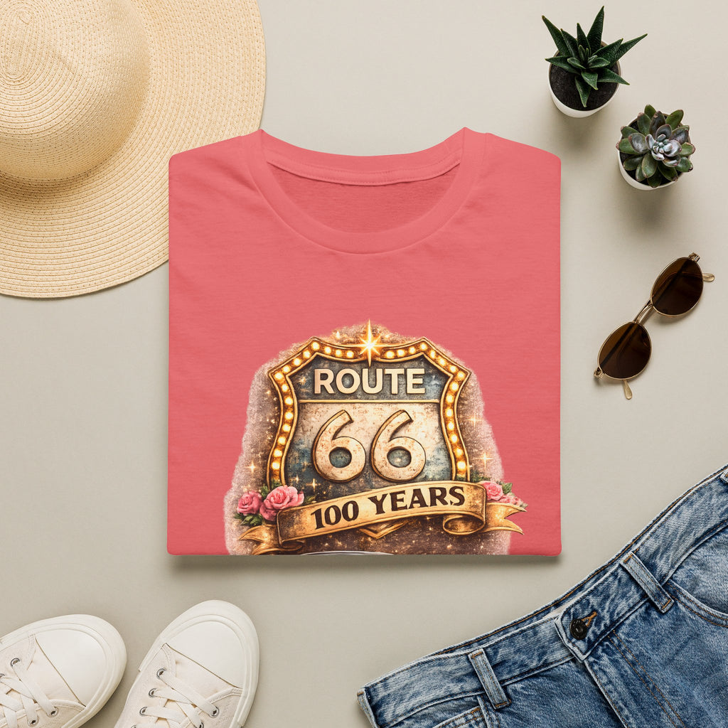 Route 66 100 Years Pink Classic Car T-Shirt | Vintage Road Trip Tee