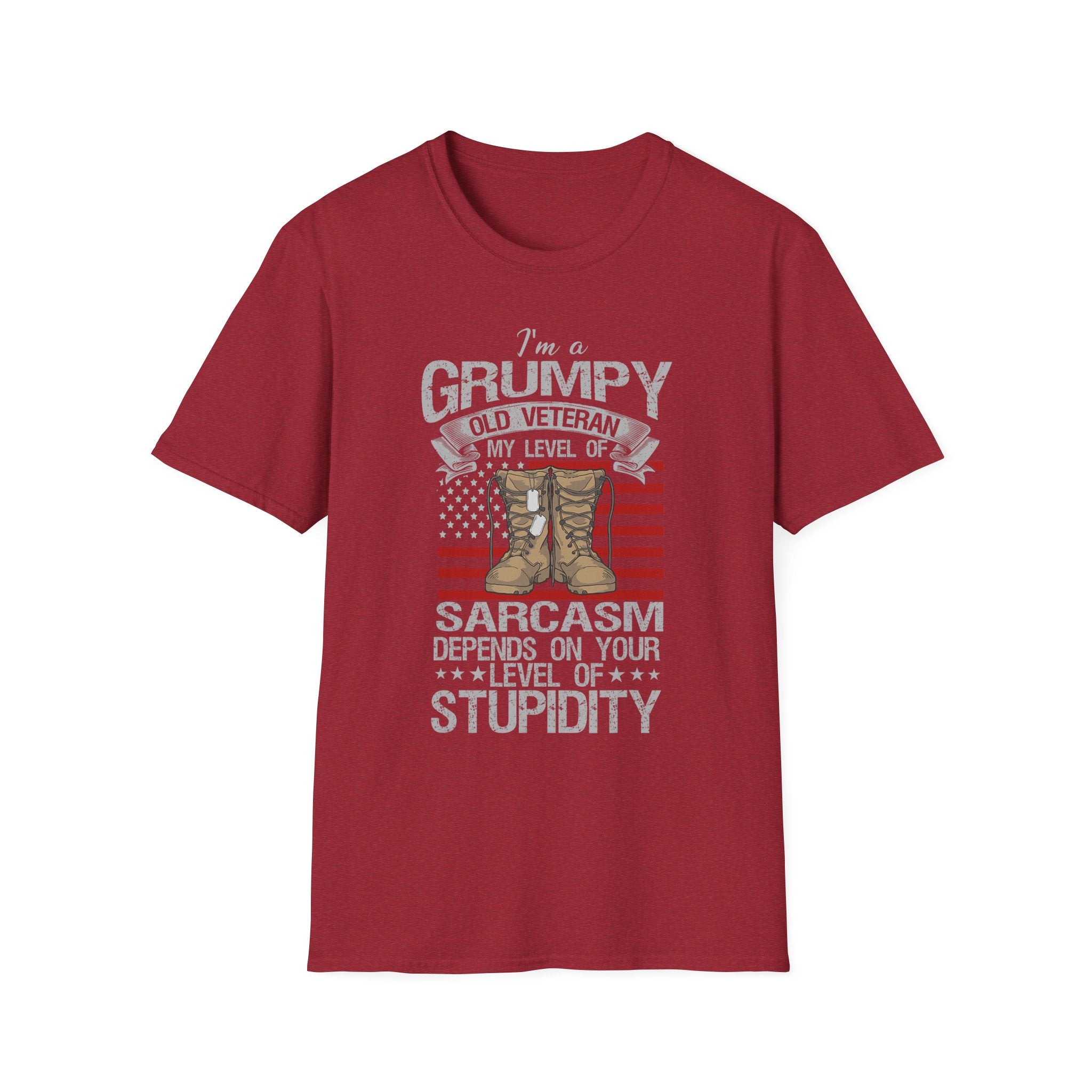 Grumpy Old Veteran Boots, T-Shirt | American Flag, Sarcasm Depends on Stupidity