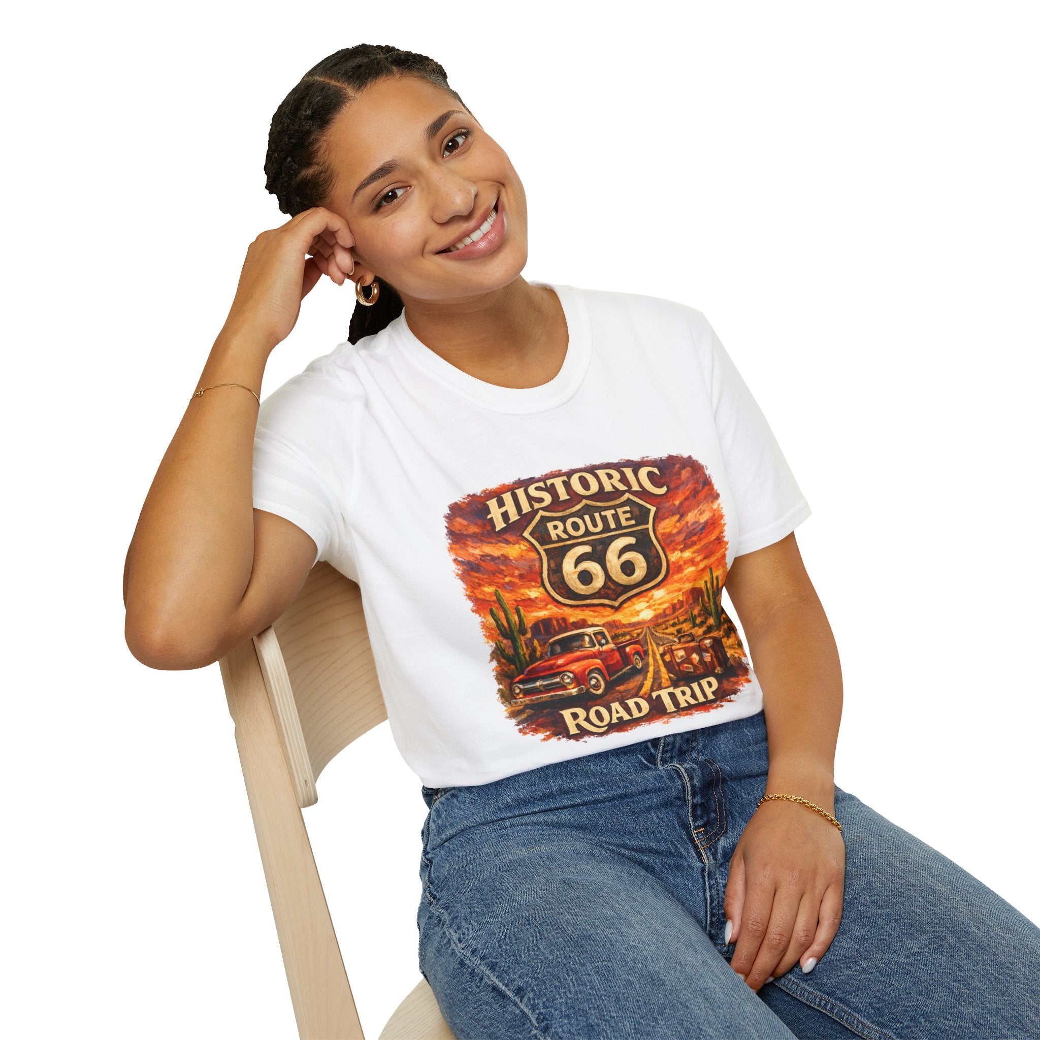Historic Route 66 Road Trip T-Shirt | Vintage Car Desert Sunset