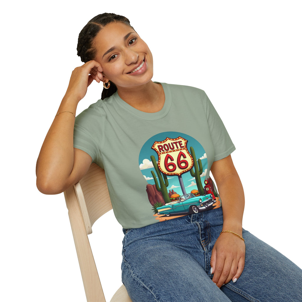 Route 66 Classic Car T-Shirt | Retro Desert Road Sign, Vintage Convertible