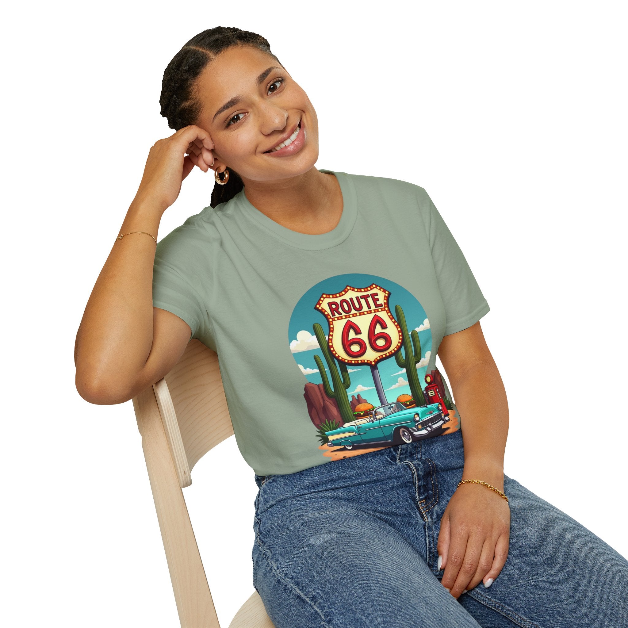 Route 66 Classic Car T-Shirt | Retro Desert Road Sign, Vintage Convertible