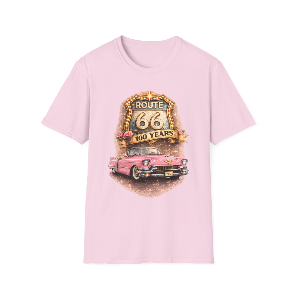 Route 66 100 Years Pink Classic Car T-Shirt | Vintage Road Trip Tee