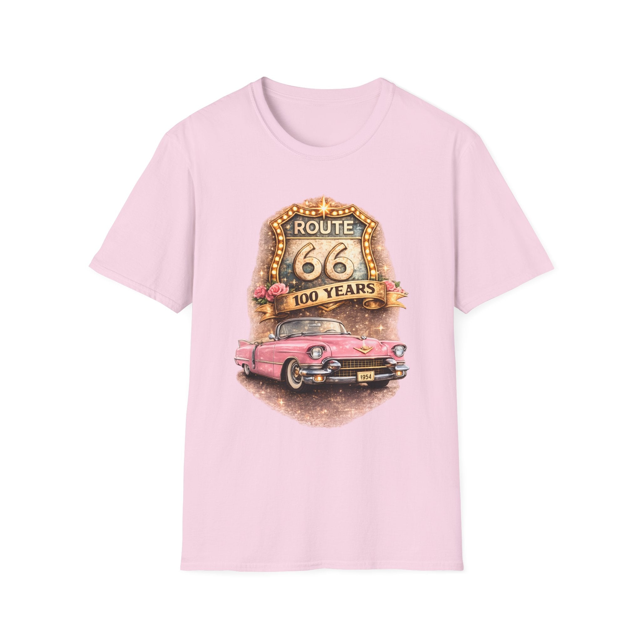 Route 66 100 Years Pink Classic Car T-Shirt | Vintage Road Trip Tee