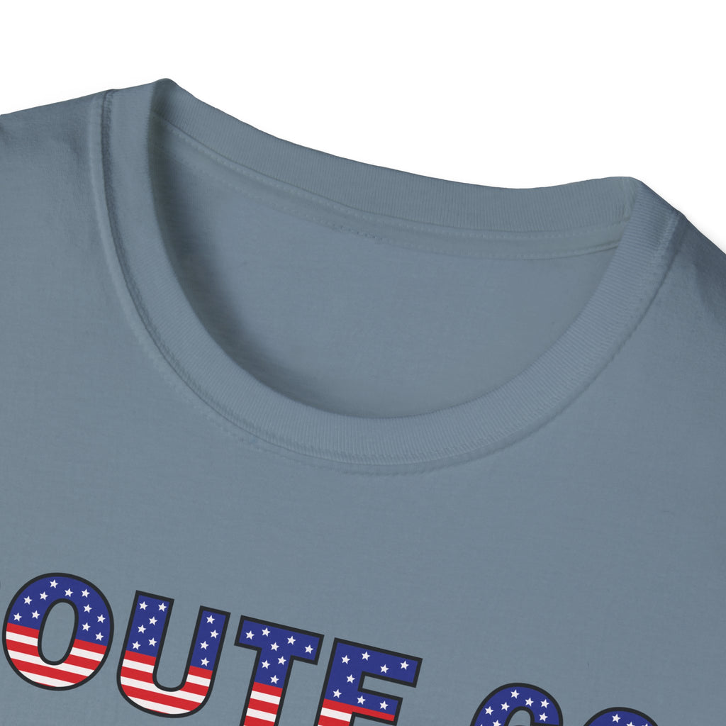 Route 66 Retro Text T-Shirt | American Flag Roadtrip Graphic