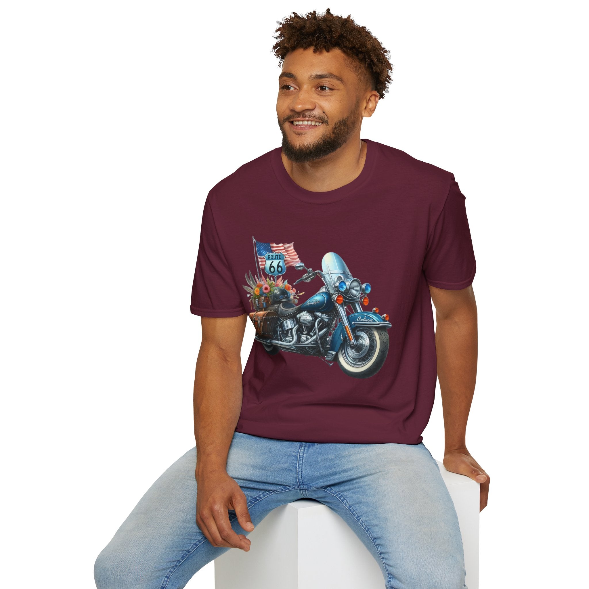 Route 66 Motorcycle Illustration T-Shirt | American Flag, Sunflowers