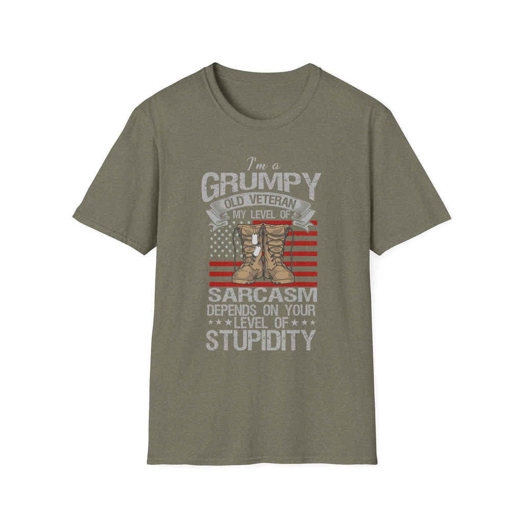 Grumpy Old Veteran Boots, T-Shirt | American Flag, Sarcasm Depends on Stupidity