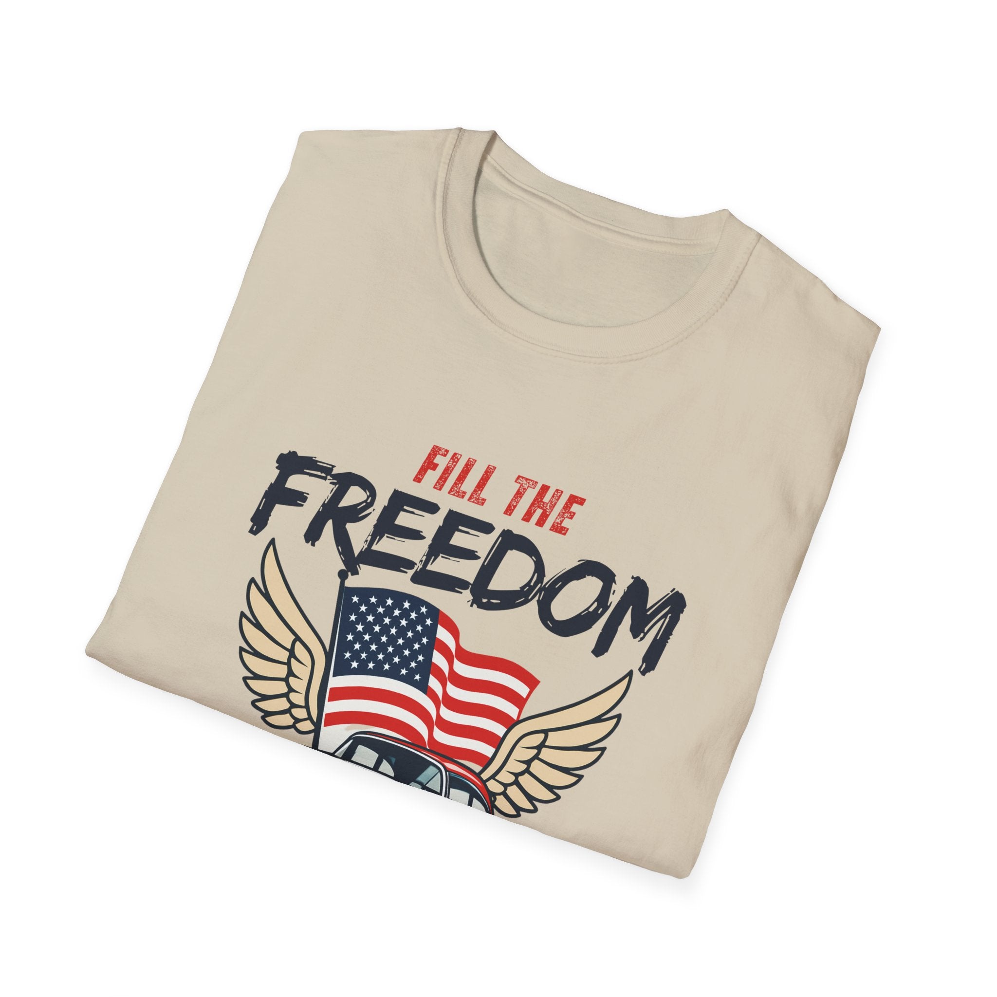 Fill the Freedom Vintage Car T-Shirt | American Flag Wings Chicago to Santa Monica
