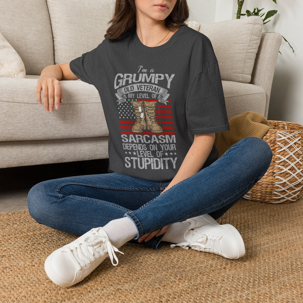 Grumpy Old Veteran Boots, T-Shirt | American Flag, Sarcasm Depends on Stupidity
