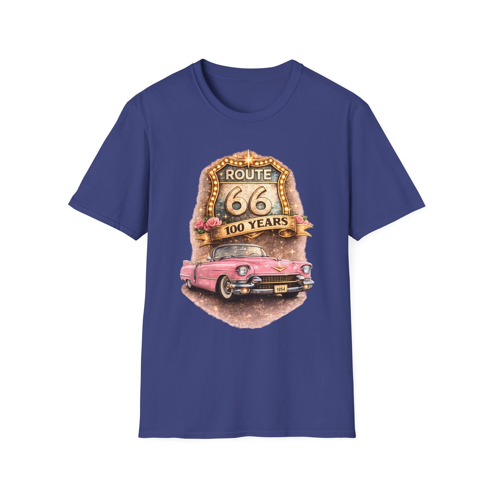 Route 66 100 Years Pink Classic Car T-Shirt | Vintage Road Trip Tee