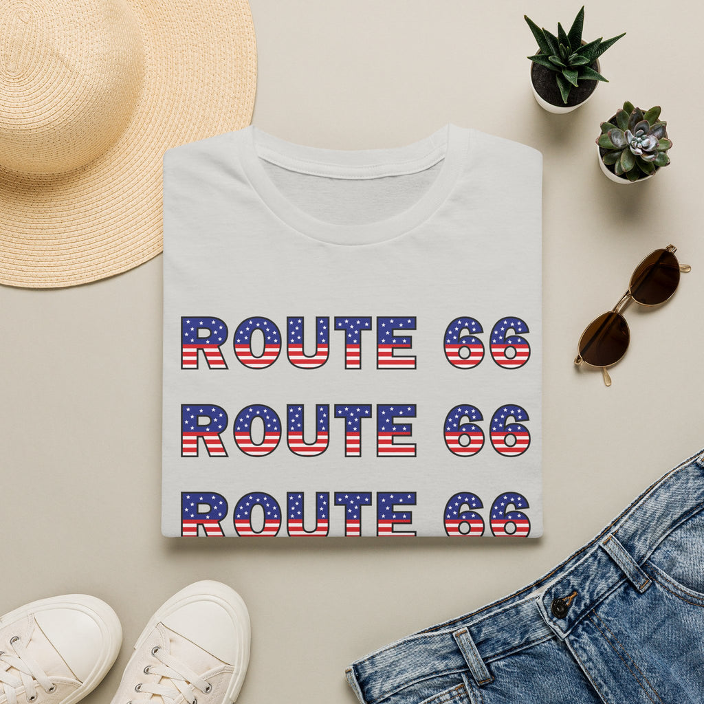 Route 66 Retro Text T-Shirt | American Flag Roadtrip Graphic